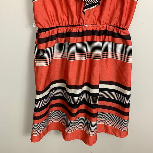 A Byer Dress Multi Stripe V neck Flounce Ruffle Sleeveless Dress Coral Orange M - Picture 4 of 10